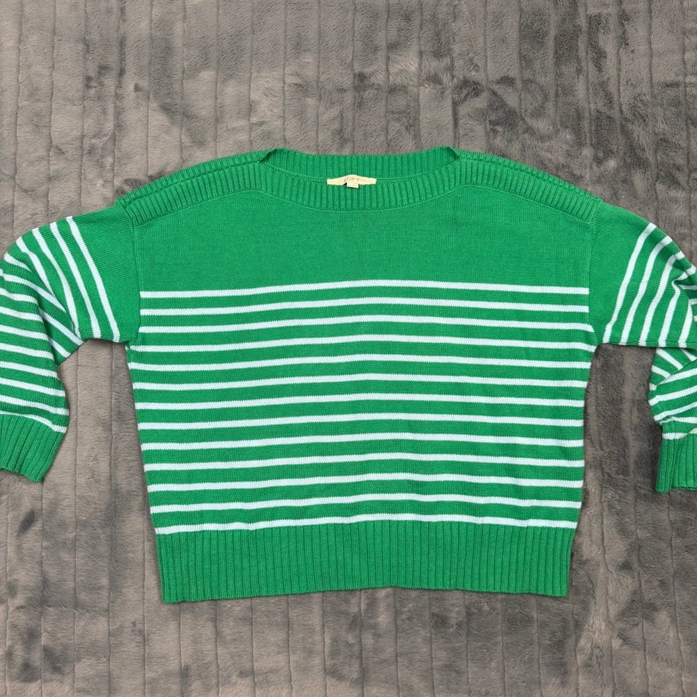 Loft Womens XL Green White Striped Crew Neck Cotton Blend Knit Sweater 7631